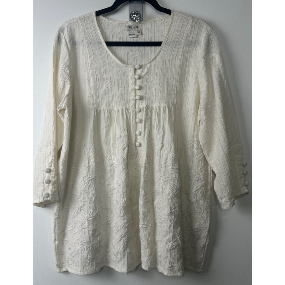Tru Luxe Jeans M Ivory Embroidered Tunic Top Blouse Button Boho 3/4 Sleeve E8